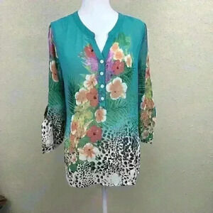 💥SOFT SURROUNDINGS Long Sleeve PRINT   Green/Multi Floral  Boho Beach Sz MP  TC1
